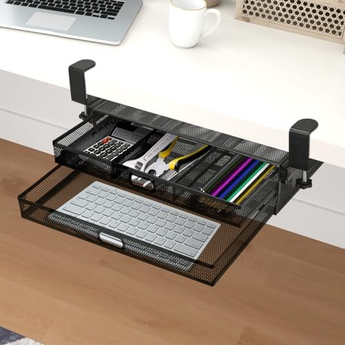 ADWOLT Under Desk Drawer Clamp-On Sliding Pull-out|Mesh Metal Table Drawer|Under Desk Storage|Hidden Desk Organizer For Office Supplies & Home Essentials
