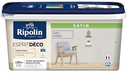 RIPOLIN - Peinture Intérieure Multi-Supports – Murs, Boiseries & Radiateurs – Ultra-Couvrante – Lessivable – Application Facile – Ecolabel - Satin - 2,5L - Gris Hanoi