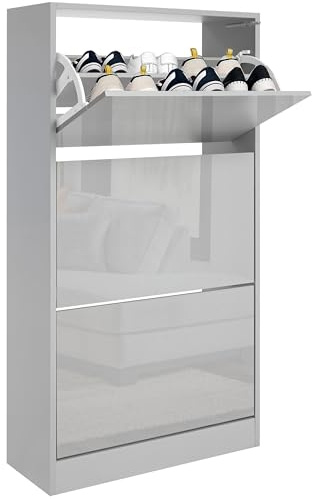 Blisswood High Gloss 3 Drawer Shoe Cabinet Cupboard, Shoe Storage Organiser Freestanding 3 Tier Wooden Shoes Rack Cabinet Modern Footwear Stand For Hallway, Living Room Furniture (Light Grey)