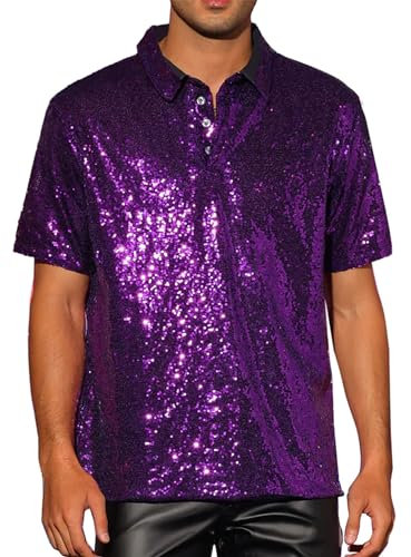 Acrawnni Herrenhemd mit glitzernden Pailletten, Vintage-Sommer, 1/4 Glitzerknopf, kurzärmelig, Disco-Top, 70er-Jahre-Party, Club, glänzendes Hemd, Rave-Tops, A-purple, 3XL