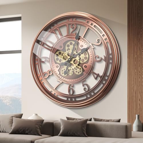 Tottshak Moving Gear Wall Clock for Living Room Decor, Large Modern Farmhouse Industrial Steampunk Metal Decorative Clock for Wall Art Home Office (Copper/Rose Gold-Arabic, 21 Inch/53.5 cm)