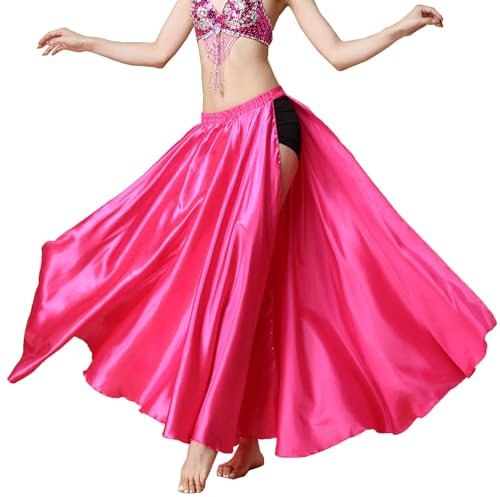 MUNAFIE Jupe longue avec fente - Jupe de danse du ventre - Jupe en satin pour femme - Costume de danse du ventre, rose, taille unique