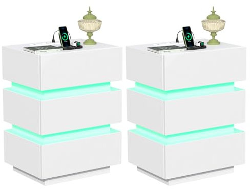 Lvhecforhm Nachttisch mit LED-Beleuchtung, Set of 2, Weiß Nachttische Hochglanz Front, Nachttisch mit 3 Schubladen, 2 AC-Steckdosen, 2 USB-Anschlüsse, Nachtschrank für Wohnzimmer, Hängend
