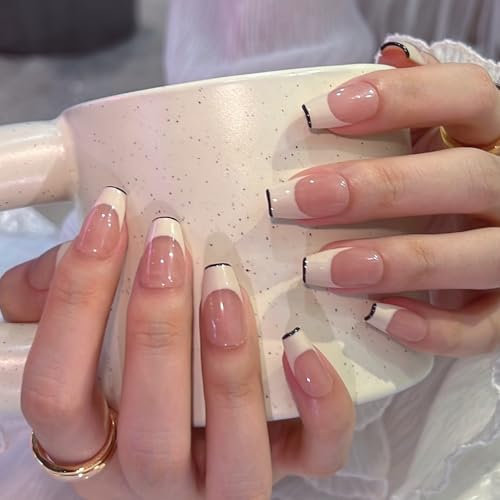 Pure Handmade Nails Press on Nail Reusable Fake Nails White Black French Nude Medium Stick on Nails French Tip False Nails 10pcs (M, Q282)