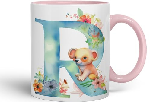 Vixar Letter R Mug, Animals Alphabet Letter R Monogram Animal for Kids Ceramic Coloured Mug Cup for Tea Coffee Hot Brew 330ml 11Oz Gift (Pink)