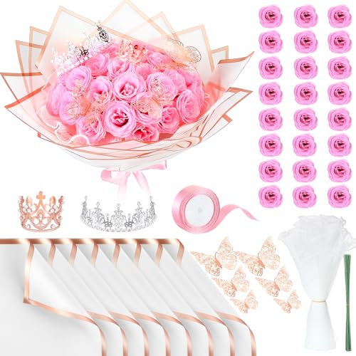 Thiccywoov 24 Pcs Glitter Roses Bouquet Gifts Artificial Rose DIY Flower Bouquet Kit Birthday Gifts Flower Wrapping Paper 3D Butterflies Crowns for Anniversary (Pink)