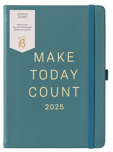 Busy B - Goals Diary 2025 Wochenplaner - A5 Tannengrün mit Gummiband - Wochenübersicht für das Alltagsleben - Monatsübersicht, inspirierende Zitate & Sticker - kompakter Kalender für Produktivität