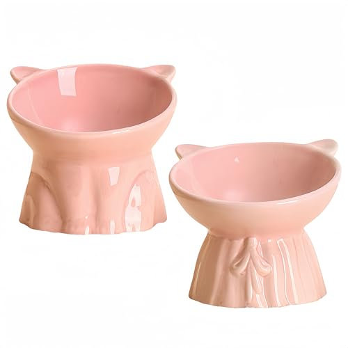2 Pack Ceramic Raised Cat Food Bowl Ceramic Cat Bowls for Food and Water Raised Cat Bowl Elevated Cat Feeding Bowls with Stand Tilted Neck Protective Bowl for Pets 15° Tilted Raised Cat Feeder (Pink)