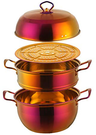 Buyer Star Dampfgarer aus Edelstahl mit 3 Etagen zum Kochen, 25,4 cm Dampftöpfe, Doppelkesselpfanne mit Deckel, großes Fassungsvermögen, Sunset Red