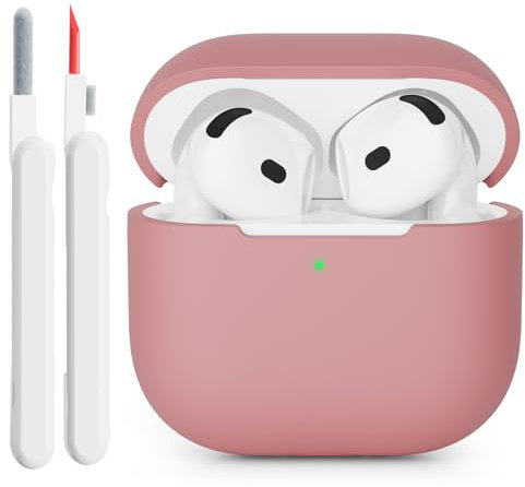 KOKOKA Silikonhülle Kompatibel mit AirPods 4 2024 Hülle Case, Front-LED Sichtbar, Stoßfeste Weiches Silikon Schutzhülle Case für AirPods 4. Generation mit Reinigungsset, Bean Pink