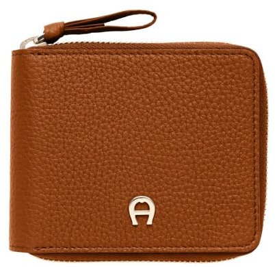 Aigner Damen Geldbörse Vika, Cognac, Rindsleder, Klassisch, Rund-Um-Reißverschluss, Hellgold glänzend, Münzfach mit Druckknopf