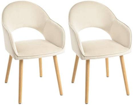Goeurvant Esszimmerstühle Beige mit Holzbeine 2er Set Polsterstuhl Armlehnenstuhl Küchenstuhl Sitzfläche aus Samt Stuhl Esszimmer mit Armlehne Wohnzimmerstuhl