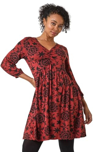 Roman Originals Tea Dress for Women UK Ladies Skater Swing Fit & Flare Flattering Summer Knee Length Frill Hem Ruched Chest Casual Smart Cocktail Party Going Out - Rust - Size 14