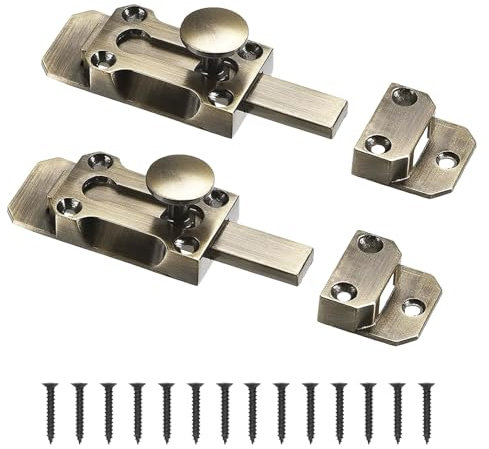 VZU 2PCS 3 Inch Antique Brass Door Slide Latch Lock with Screws, Antique Door Sliding Bolt Heavy Duty Gate Sliding Bolt Latch Barrel Slide Door Bolts for Garden Gate Shed Door Window