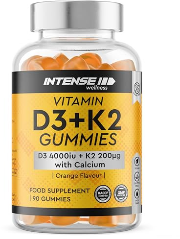 High Strength 90 Vitamin D3 4000 IU Gummies with K2 & Calcium - Sugar Free Orange Chewable for Strong Bones, Teeth & Immune Health - Non-GMO Vegan Gluten-Free - Vitamins D Food Supplement