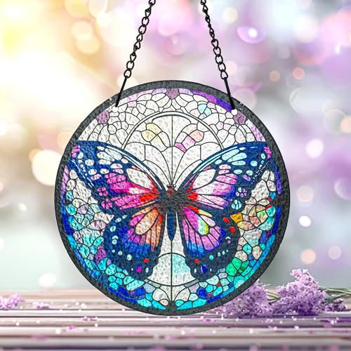 H&D HYALINE & DORA 6.3 '' Butterfly Stained Glass Window Hanging Hand Painted Suncatcher Window Decor Glass Panels Art Decor Butterfly Gifts for Grandmother, Mom, Daughter