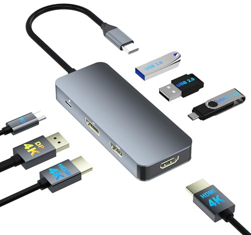 Docking Station Dual Monitor for Dell/HP/Mac, 7 in 1 Laptop Docking Station 3 Monitors with 2 HDMI 4K@60Hz/Displayport/3 USB/100W PD, Dual Monitor Adapter, Dual HDMI Adapter for 2 Monitors, USB C Hub