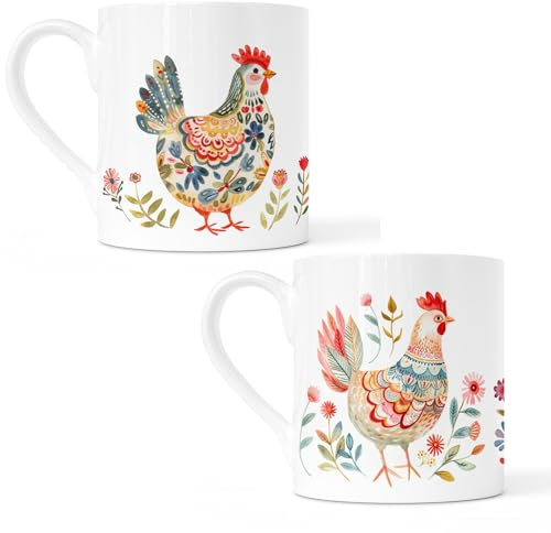Set of 2 Bone China Cups – Nordic-Inspired Design with Brightly Coloured Chickens & Floral Accents – 8oz Hand-Printed Tea & Coffee Cups