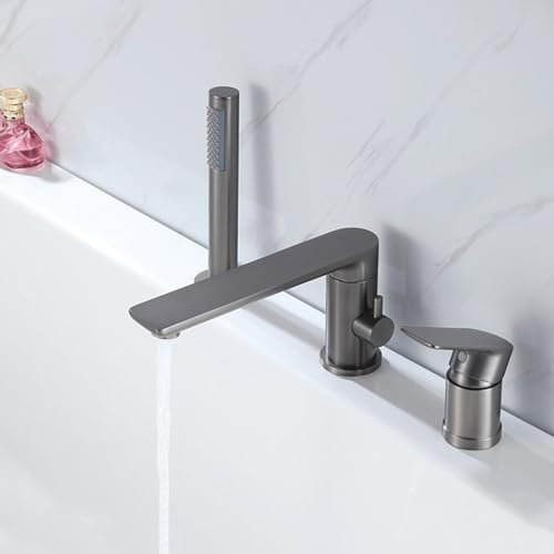 RWDAMPUW Mitigeur de Baignoire Gris Canon avec douchette sur Plan – Mitigeur de Baignoire 3 Trous avec Eau Chaude et Froide pour salles de Bain Modernes