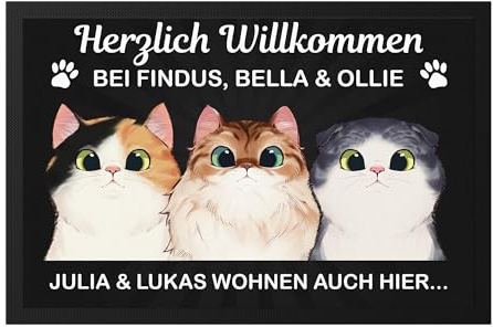 Kiddle-Design Personalisierte Fußmatte Katzen für Katzenbesitzer, Katzenmama und Katzenpapa | Fußabtreter als Geschenk mit Katzenmotiv | Schmutzfangmatte 60x40cm | 3 Katzen
