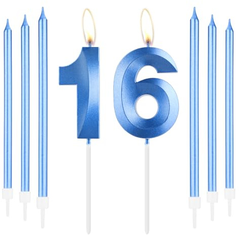 mciskin Royal Blue 16th Birthday Candles Set,Number 16 Candle for Cake with Long Thin Candles,16th Birthday Decorations for Boys Girls,Blue Candle Sapphire Cake Decorations for Party,Wedding Supplies
