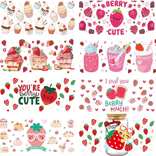 INCOK Rub-on-Übertragungen zum Basteln – 8 Bögen Erdbeerkuchen, UV-DTF-Beerenverpackungen, 473 ml, Kaffeetasse, Beere, niedliches Eis, Libbey Tasse, Transfer-Aufkleber, Rosa, DIY, kreative