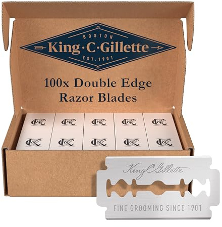 King C Gillette Men's Double Edge Safety Razor Blades, Quality Stainless Steel Coated with Platinum for Durability and Anti-friction Coating for Comfort, Includes 100 Blades