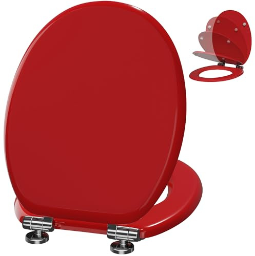 Angel Shield Wooden Toilet Seat with Adjustable Soft Close Hinges Antibacterial Molded Wood Toilet Seat Quick Release Removable Lid for Easy Cleaning and Assembly (Red)