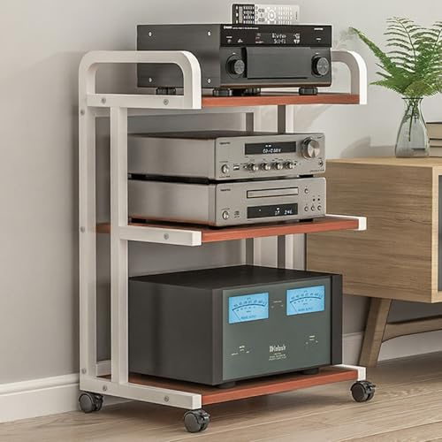 LIMENQIN HiFi Rack mit Rollen, 3/4/5-stufiges Plattenspieler Schrank, Audio Rack für Plattenspieler, Offene Ablage, für Wohnzimmer, Gaming Aufnahmeraum(White,3 Tier 50x40x81cm)