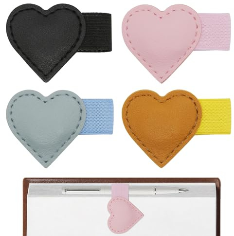 4 magnetische Lesezeichen aus Leder mit Stifthalter | Niedliche herzförmige Lesezeichen mit starkem Magnetverschluss, multifunktionales Geschenk für Leseratten, Frauen und Studentinnen