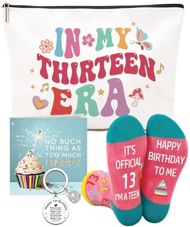 Geschenke zum 13. Geburtstag für Mädchen, exquisite Make-up-Tasche & rosa Stein-Armband-Set mit Segenskarte und Schlüsselanhänger, perfekte Geburtstagsgeschenke für sie, Tochter, beste Freundin oder