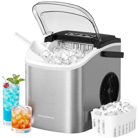 SONGMICS Eiswürfelmaschine, mit Selbstreinigung, 12 kg in 24 Stunden | Eiswürfel maschine klein, in 6 Minuten 9 Würfel in 2 Größen, Küche, WG, Party, silbergrau, ISLAND Kollektion XZB001E1EU