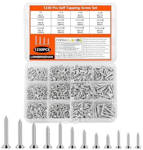 LONGERSIZHAN 1230Pcs Tornillos M2 M3, Autorroscantes para Madera | Tornillos de cabeza avellanada en cruz. Ideales para madera y proyectos DIY. Fáciles de instalar.
