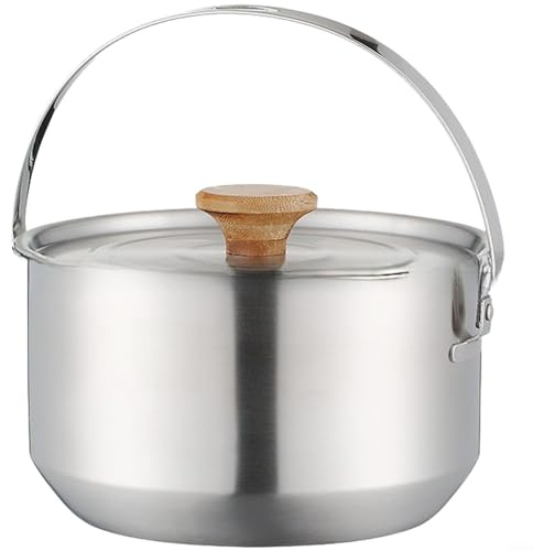 MoSundi Outdoor Camping Pot 4L Stainless Steel with Lid and Handle, Portable Cooking Ware for Picnic(Metal handle)