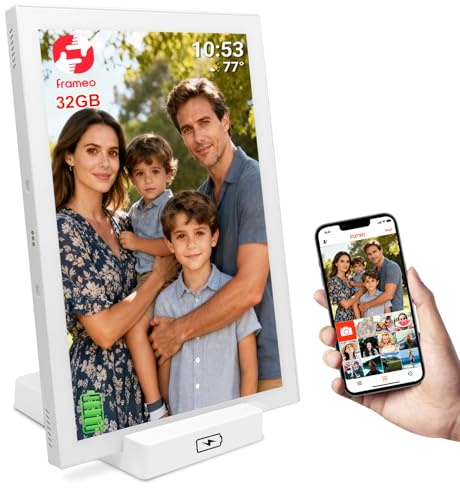 Frameo Digitaler Bilderrahmen 10,1 Zoll WLAN, 5000mAh Akku mit kabelloser Ladestation, 32GB Speicher, HD IPS Touchscreen, Auto-Rotation, Sofortiges Teilen von Fotos und Videos via Frameo App– Der idea