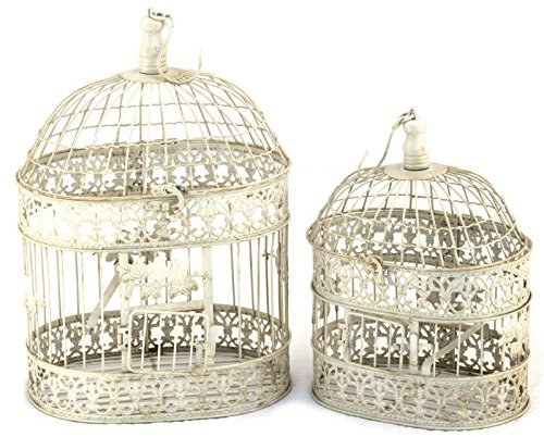Vogelkäfig 2er Set Antikweiß Dekokäfige oval Shabby Käfige 44+33cm Vogelmotiv