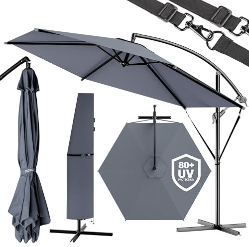 Kingsleeve® Sombrilla 300cm UV80+ Manivela Base Funda Protección Antiviento Parasol Terraza Antracita