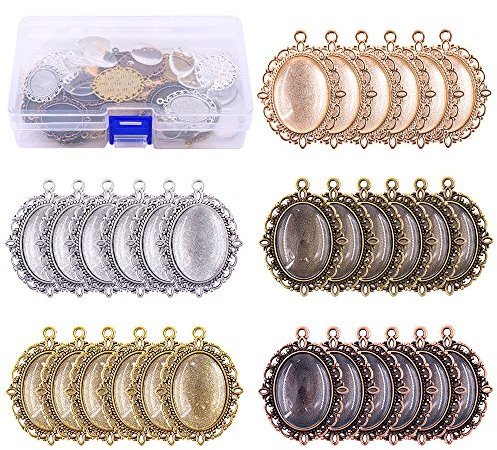 Swpeet 60-teiliges Anhänger-Tabletts, inklusive 30 Stück 5 Farben, ovale Lünetten mit 30 Glaskuppelfliesen zum Basteln, DIY-Schmuckherstellung, Small, Glas