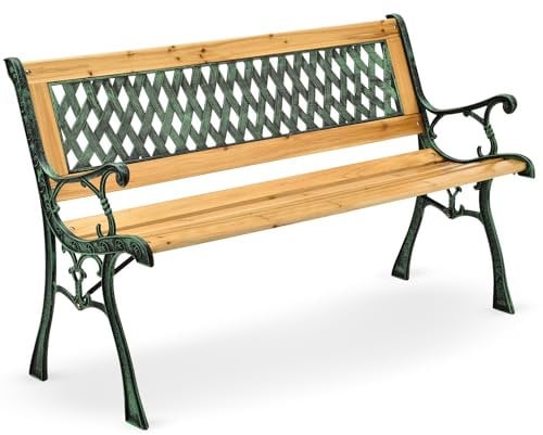 Juskys Gartenbank Pisa - 2-Sitzer Holzbank mit Armlehnen & Rückenlehne - wetterfeste Sitzbank 122x54x73 cm - Seitenelemente aus Gusseisen
