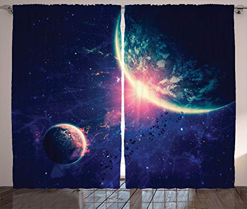 ABAKUHAUS Galaxis Rustikaler Vorhang, Weltraum Mars Planeten, Wohnzimmer Universalband Gardinen mit Schlaufen und Haken, 280 x 245 cm, Marineblau Rosa