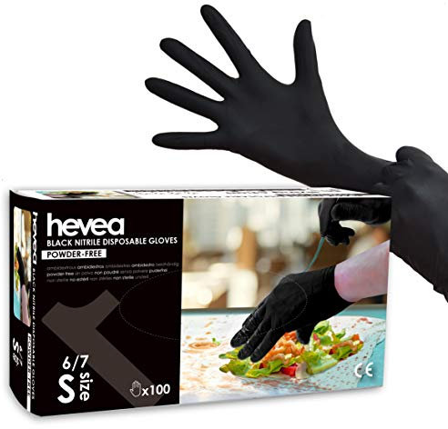 Hevea - Disposable nitrile gloves. Powder- and latex-free. Pack of 5 boxes with 100 gloves each. Size: S (Small). Colour: Black