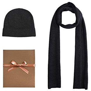 EURKEA Herren Schal aus 100% Merinowolle, Beanie-Mütze, Geschenkbox - Schwarz - Einheitsgröße