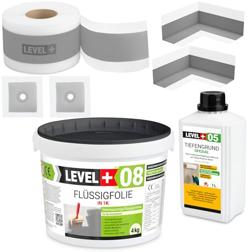 SET54 Dicht-set Duschabdichtung Bad 4 Kg Flüssigfolie, 1L Tiefengrund | 2 Innenecken, 2 Wandmanschetten, 5m Dichtband
