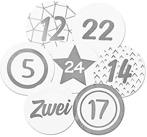 Frau WunderVoll® 24 Adventskalenderzahlen Aufkleber weiß, Silber, Durchmesser 4 cm/Sticker, Weihnachten, Adventskalender, DIY Kalender, Kindergeburtstag, Aufkleber Kinder,Junge, Mädchen