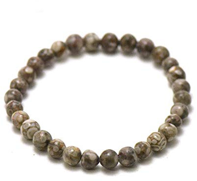 MINERAL MIRACLES Armband, runde Perlen, 6 mm, Naturstein, französische Handwerkskunst, mehr als 60 Auswahlmöglichkeiten (Achat Fossil 6 mm)