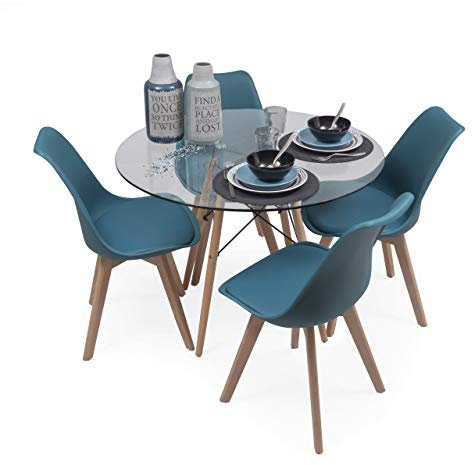 Homely - Conjunto de Comedor Tower 100 Day Cristal Mesa de Cristal Redonda de 100 cm y 4 sillas Day (Turquesa)