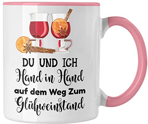Trendation - Glühwein Tasse Lustig Spruch Glühweinbecher mit Henkel Doppelwandig Glühweintassen Gläser Weihnachtsmarkt Becher Tassen Geschenk - Hand In Hand Zum Glühweinstand (Rosa)