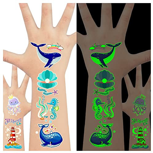 LEADTEAM Tattoo Kinder Junge, Meerestiere Sticker Leucht Kindertattoos Aufkleber Kinder, Meerestiere Spielzeug Meerestiere Geburtstag Deko Meer Geburtstag Kleine Geschenke Mitgebsel Kindergeburtstag