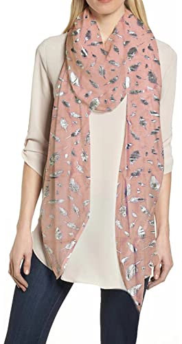 Lina & Lily Foulard Femme à Plumes Métallisées, Écharpe Tissu Léger 180cm X 75cm (Rose clair-Argent)