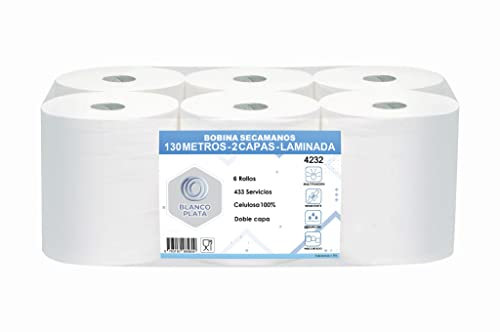 Bobina Papel secamanos mecha Laminada pasta pura doble Capa - 6 Unidades (6 Rollos de 130m)